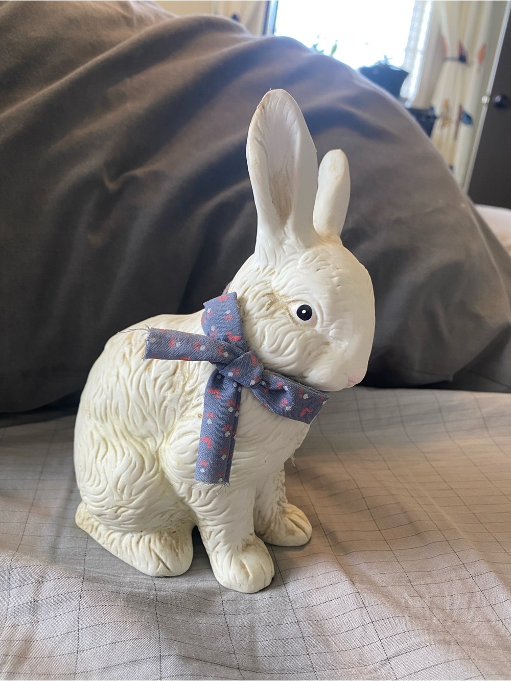 White Easter Bunny Figurine with Blue Polka Dot Bow